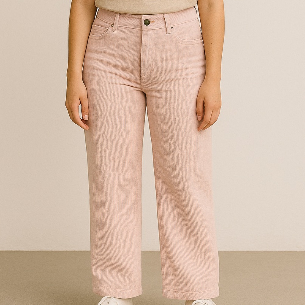 🩷 High-Rise Light Pink Corduroy Pants with Assymetrical Waist Button Detail